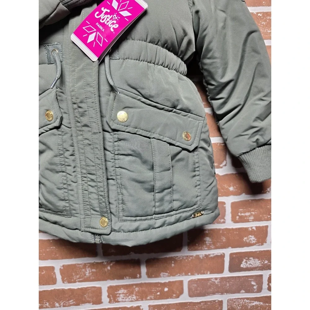Justice Girls Puffer Jacket Faux Fur Lined With‎ Hood Sz XS 5/6 Green
